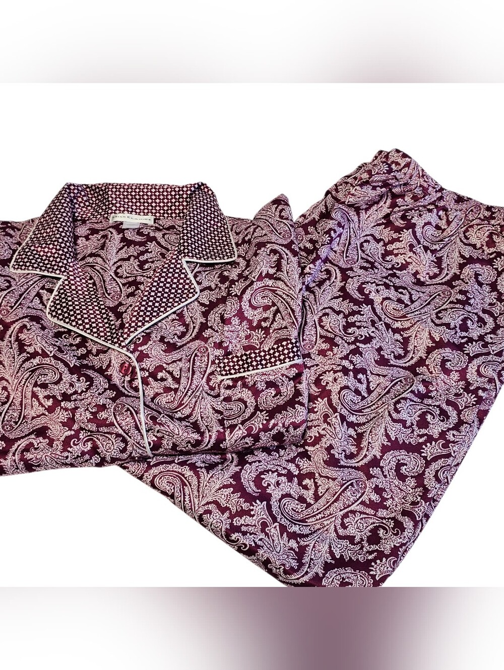 Miss Elaine Pajama Set XL Burgundy White Paisley Brushed Back Satin Luxury NWT